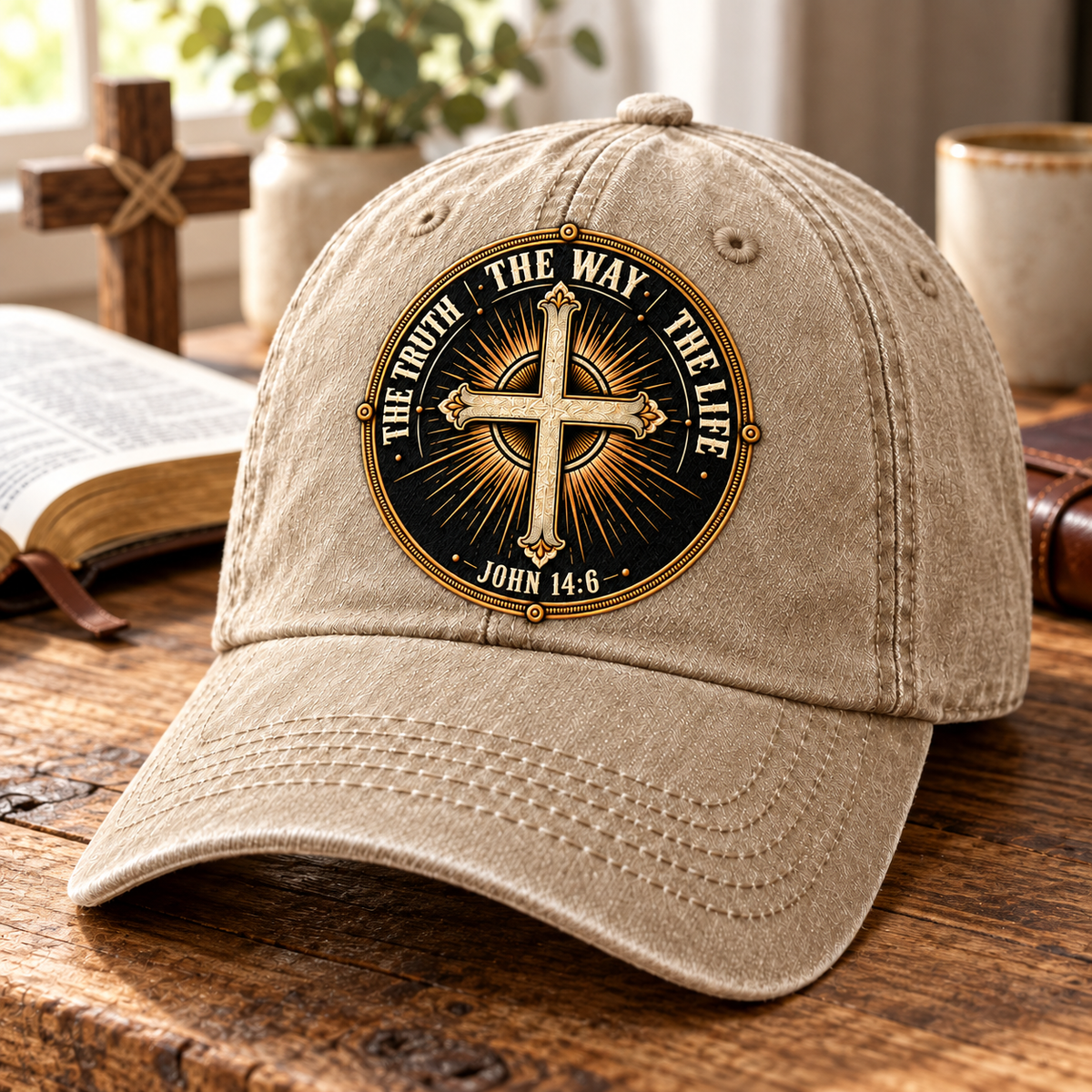 John 14:6 The Way The Truth The Life Vintage Denim Cap – Christian Cross Emblem Baseball Hat