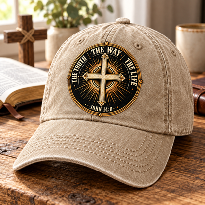 John 14:6 The Way The Truth The Life Vintage Denim Cap – Christian Cross Emblem Baseball Hat