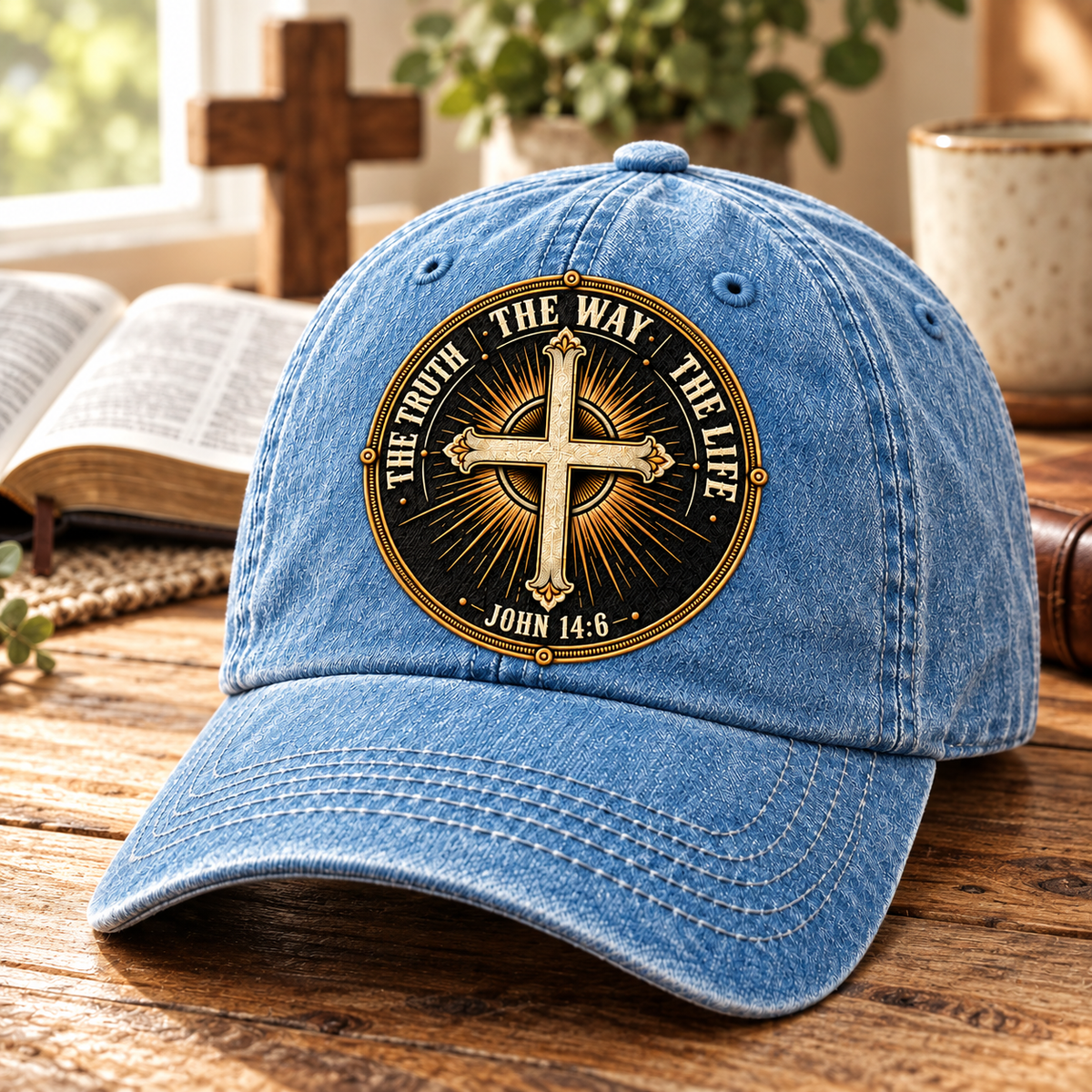 John 14:6 The Way The Truth The Life Vintage Denim Cap – Christian Cross Emblem Baseball Hat