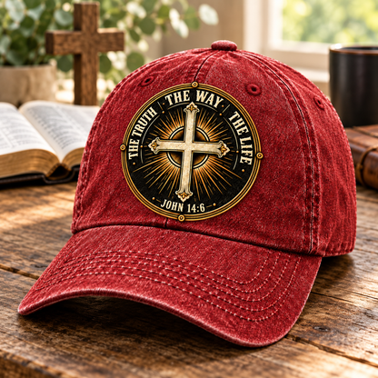 John 14:6 The Way The Truth The Life Vintage Denim Cap – Christian Cross Emblem Baseball Hat