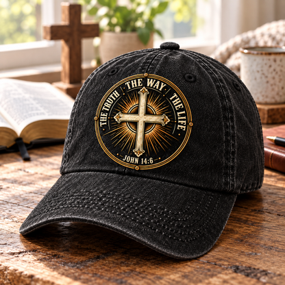 John 14:6 The Way The Truth The Life Vintage Denim Cap – Christian Cross Emblem Baseball Hat