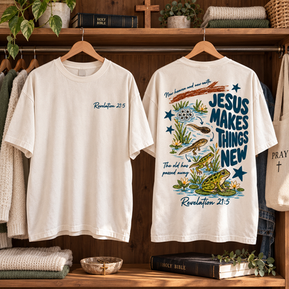 Jesus Makes Things New T-Shirt, Revelation 21:5 Christian Frog Life Cycle Front and Back Tee
