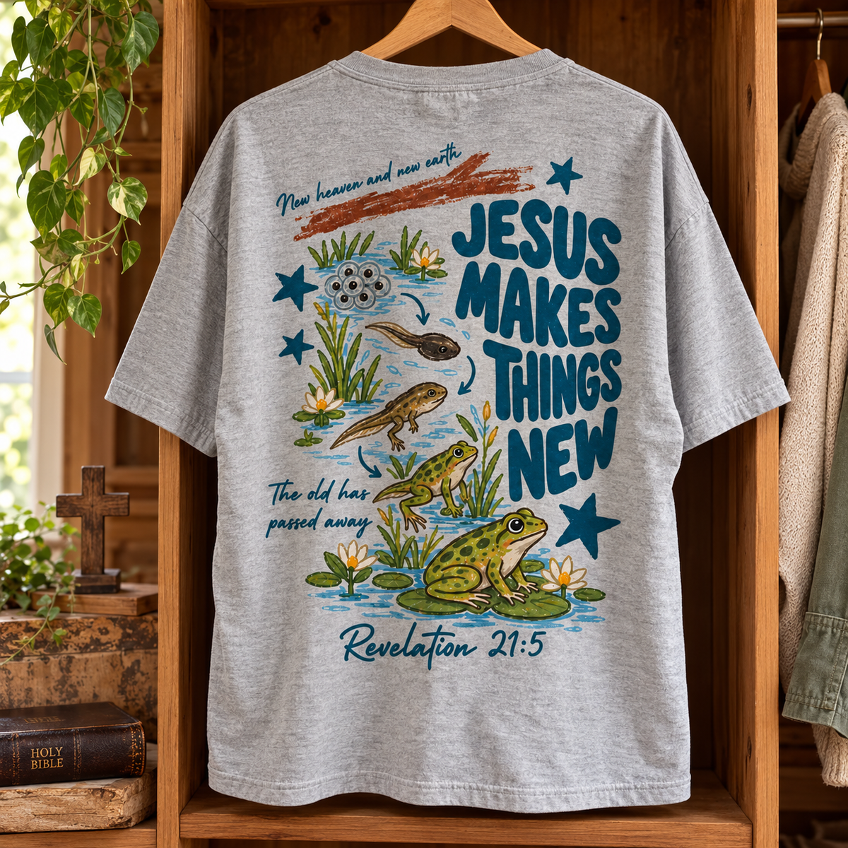 Jesus Makes Things New T-Shirt, Revelation 21:5 Christian Frog Life Cycle Front and Back Tee