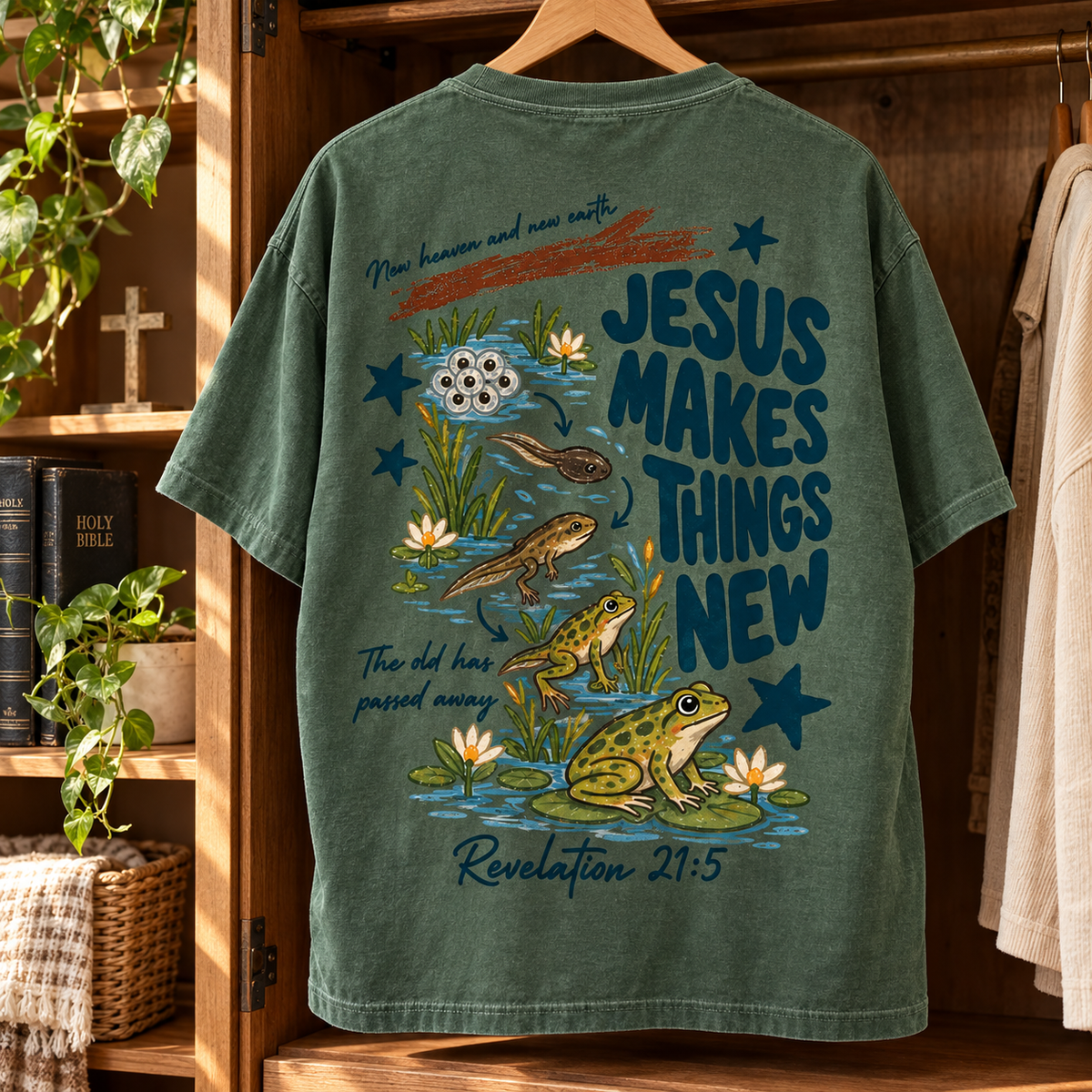 Jesus Makes Things New T-Shirt, Revelation 21:5 Christian Frog Life Cycle Front and Back Tee