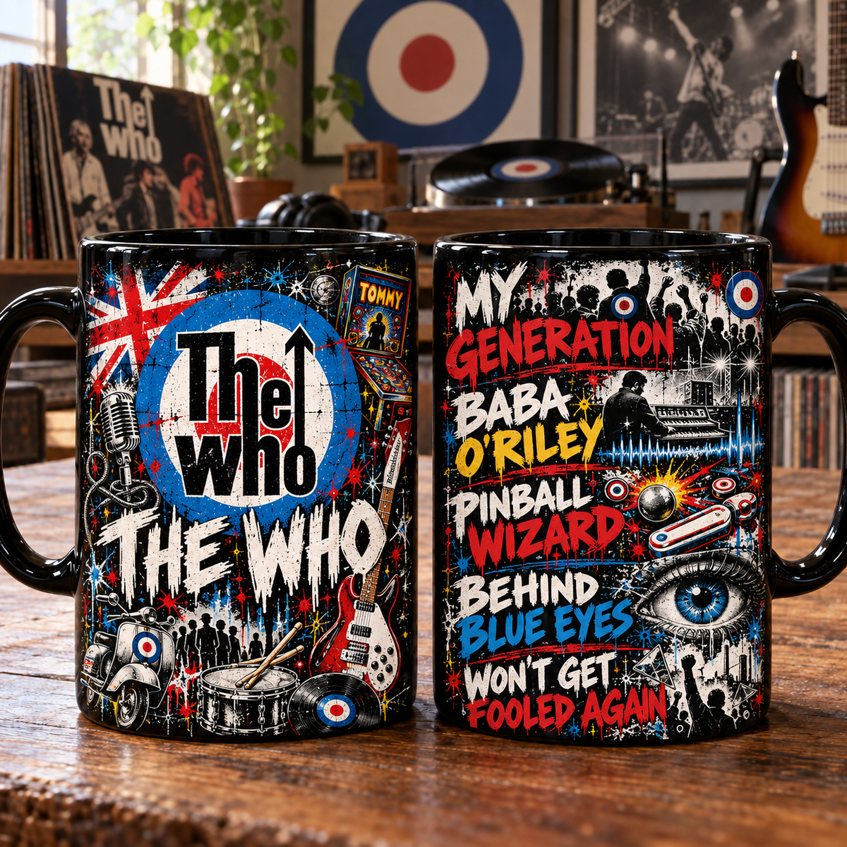 The Who Black Ceramic Coffee Mug - Mod Target Logo & Hits Graffiti Art Cup - Classic British Rock Band Merch Fan Gift
