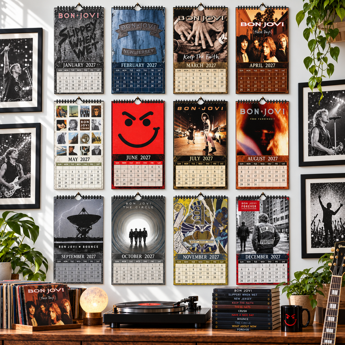 Bon Jovi 2027 Album Covers Calendar - 12 Month Hanging Rock Wall Decor, Perfect Gift for Classic Rock Fans