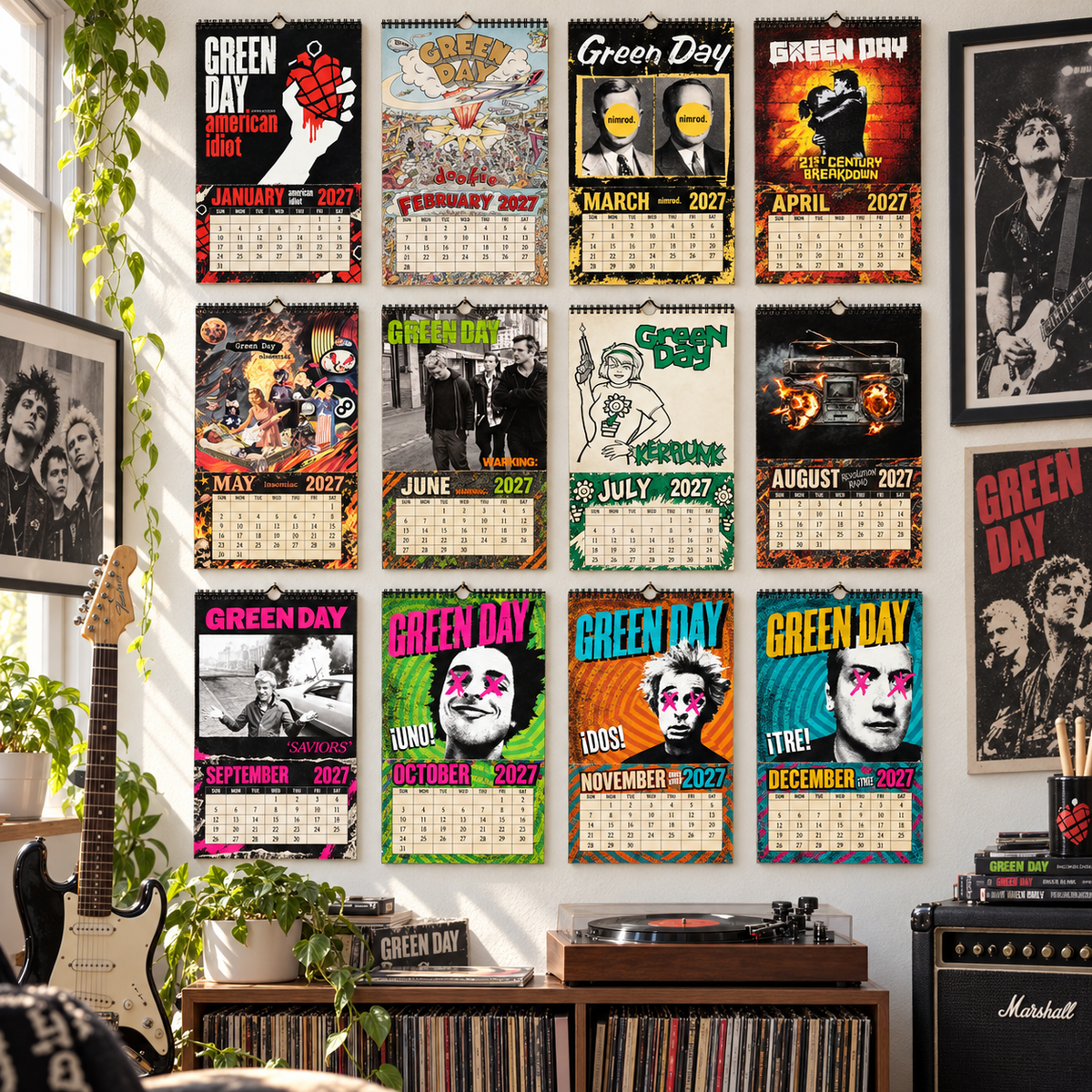 Green Day 2027 Wall Calendar - Album Cover Collage & Punk Rock Art | Premium Music Fan Gift & Hanging Decor