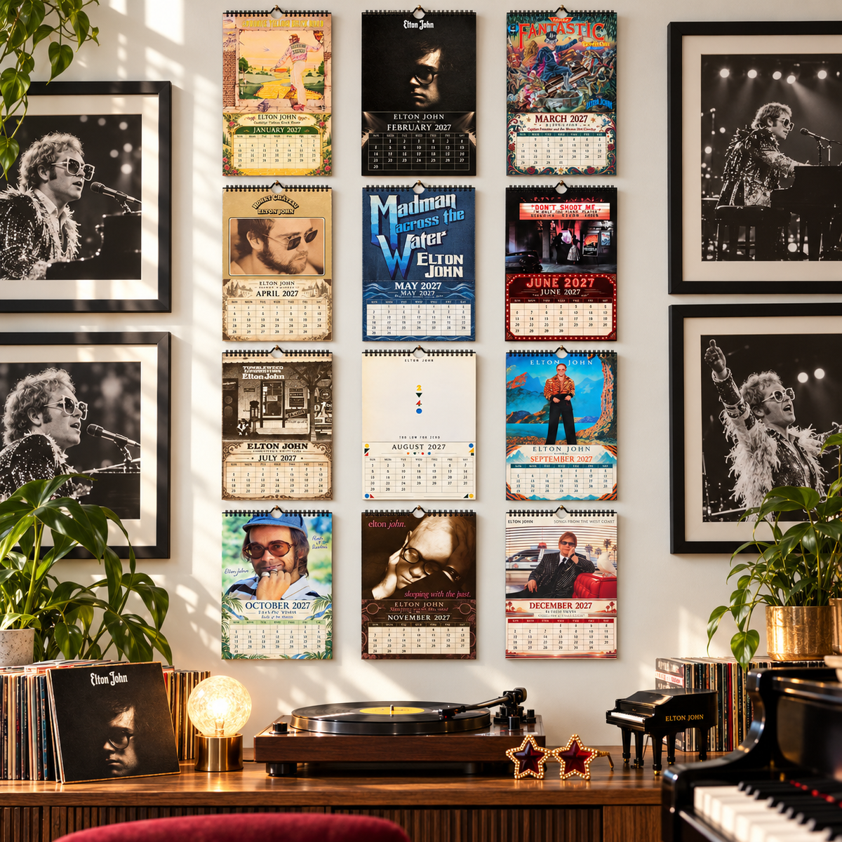 Elton John 2027 Wall Calendar - Classic Album Covers & Single Art Collage | 12-Month Music Memorabilia & Office Decor