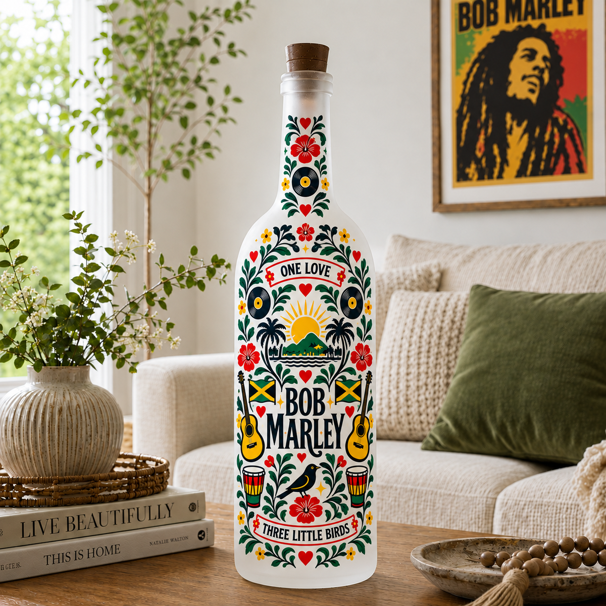 Bob Marley Nordic Folk Art Bottle Lamp – One Love Reggae LED Light, Scandinavian Style Decorative Bottle, Jamaican Music Home Decor, Unique Gift for Fans