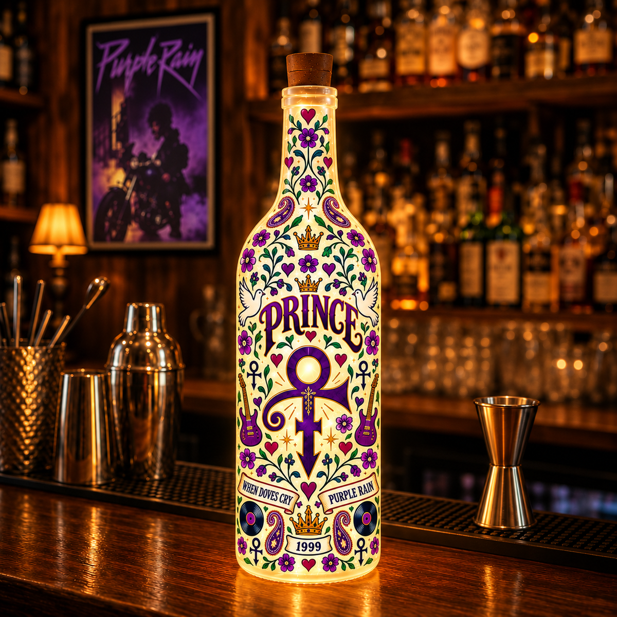 Prince Nordic Folk Art Bottle Lamp – Purple Rain Love Symbol Double-Sided LED Light, Scandinavian Floral Home Decor, Unique Gift for Prince Fans