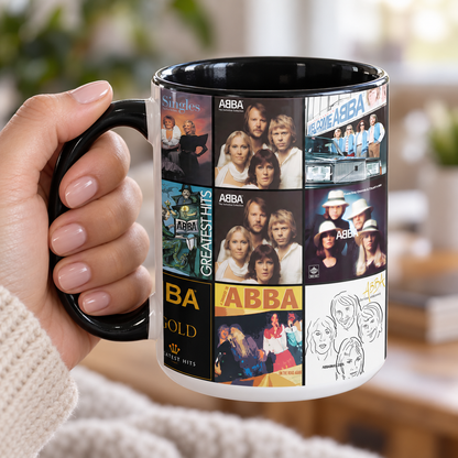 ABBA Black Two-Tone Accent Coffee Mug - Classic Band Album Covers Collage Mug