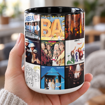 ABBA Black Two-Tone Accent Coffee Mug - Classic Band Album Covers Collage Mug
