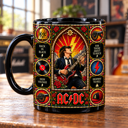 AC/DC Stained Glass Ceramic Coffee Mug - Angus Young & Hell's Bells Cup - Hard Rock Band Music Fan Unique Gift Idea