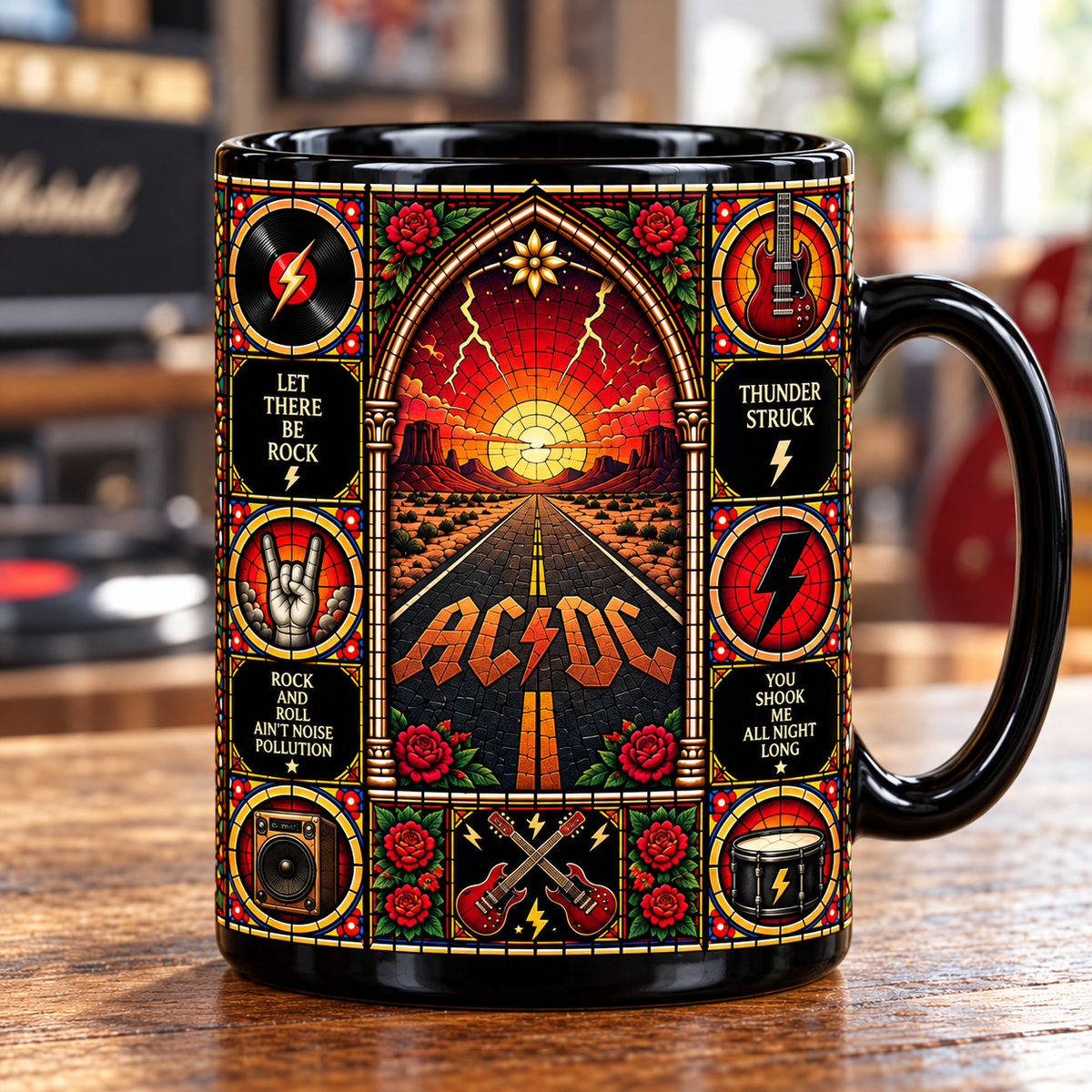 AC/DC Stained Glass Ceramic Coffee Mug - Angus Young & Hell's Bells Cup - Hard Rock Band Music Fan Unique Gift Idea