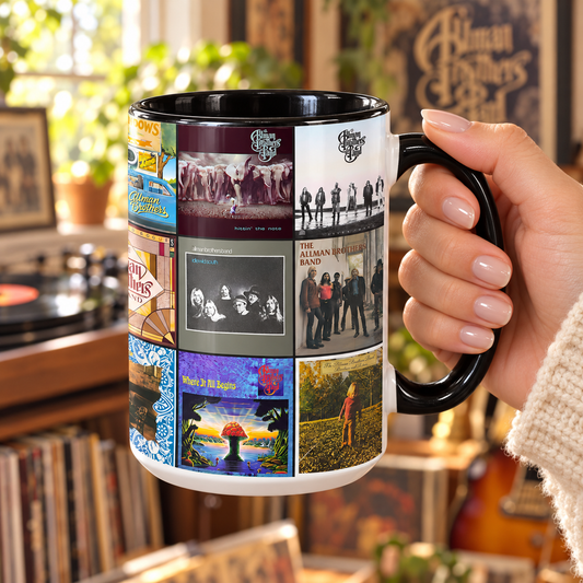 The Allman Brothers Band Black Two Tone Accent Coffee Mug - Classic Band Album Covers Collage Mug
