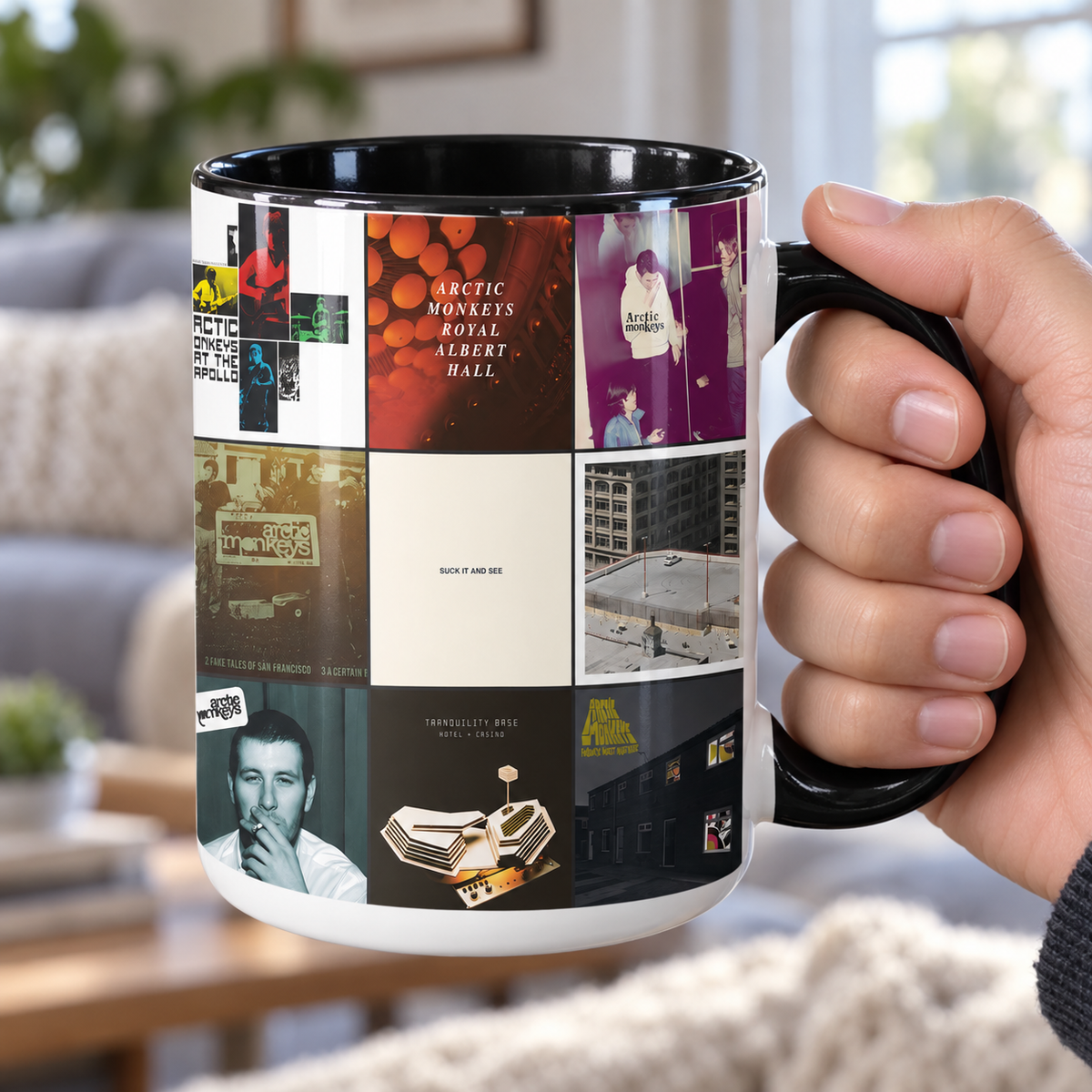 Arctic Monkeys Black Two-Tone Accent Coffee Mug - Classic Band Album Covers Collage Mug