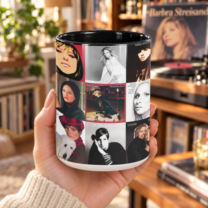 Barbra Streisand Black Two-Tone Accent Coffee Mug - Classic Rock Band Album Covers Collage Mug