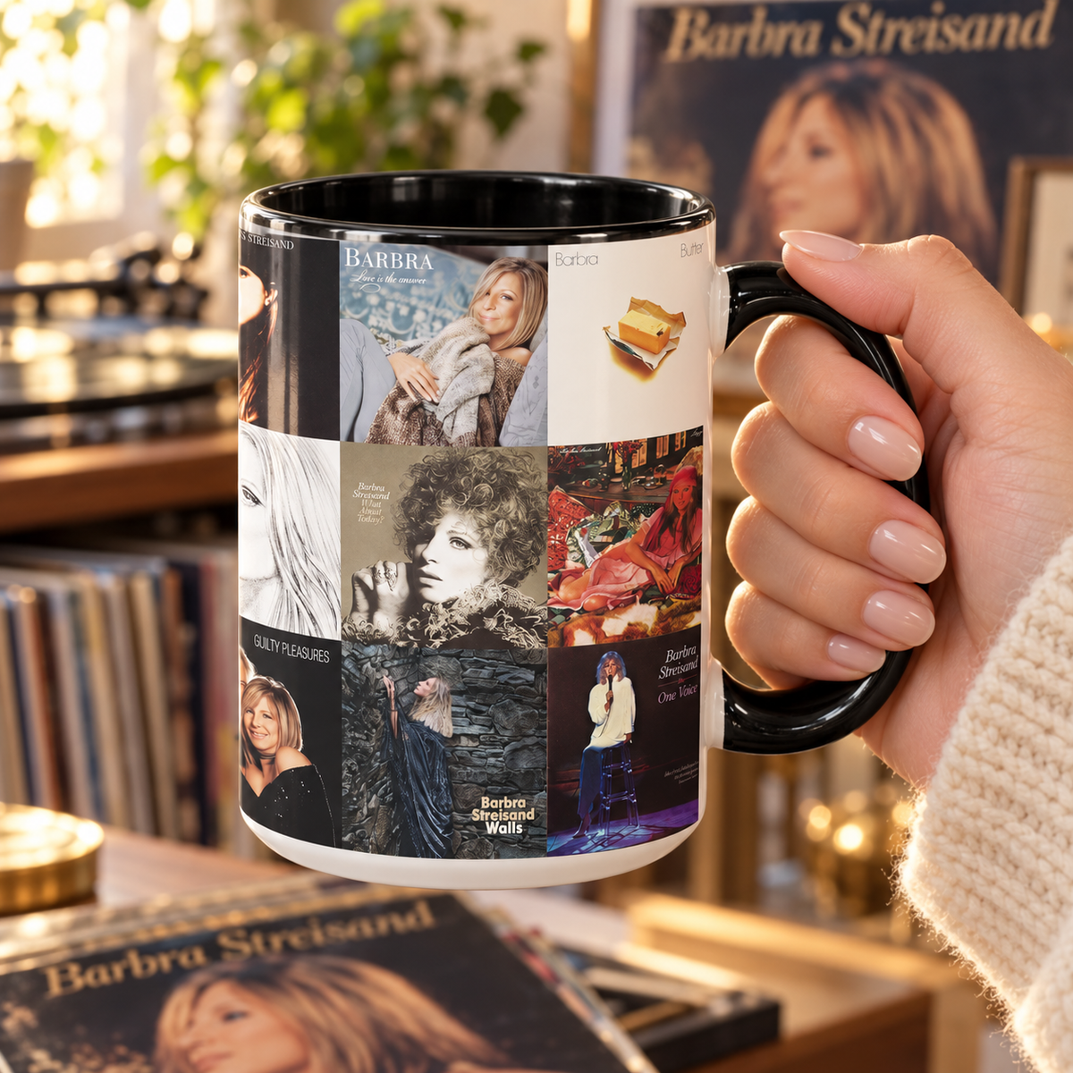 Barbra Streisand Black Two-Tone Accent Coffee Mug - Classic Rock Band Album Covers Collage Mug