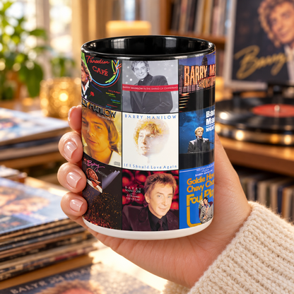 Barry Manilow Black Two-Tone Accent Coffee Mug - Classic Rock Band Album Covers Collage Mug