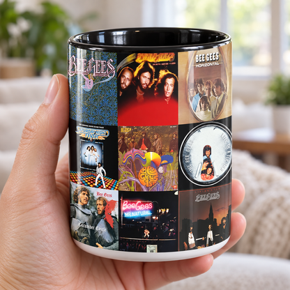 Bee Gees Black Two-Tone Accent Coffee Mug - Classic Rock Band Album Covers Collage Mug
