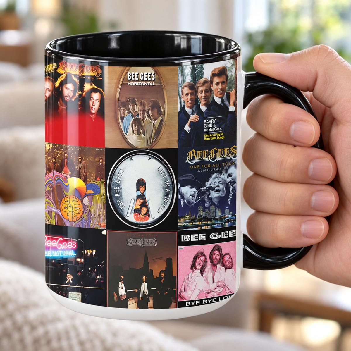 Bee Gees Black Two-Tone Accent Coffee Mug - Classic Rock Band Album Covers Collage Mug