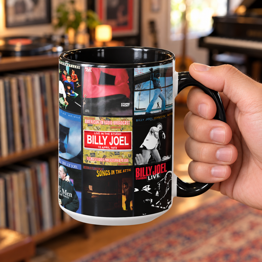Billy Joel Black Two-Tone Accent Coffee Mug - Classic Rock Band Album Covers Collage Mug