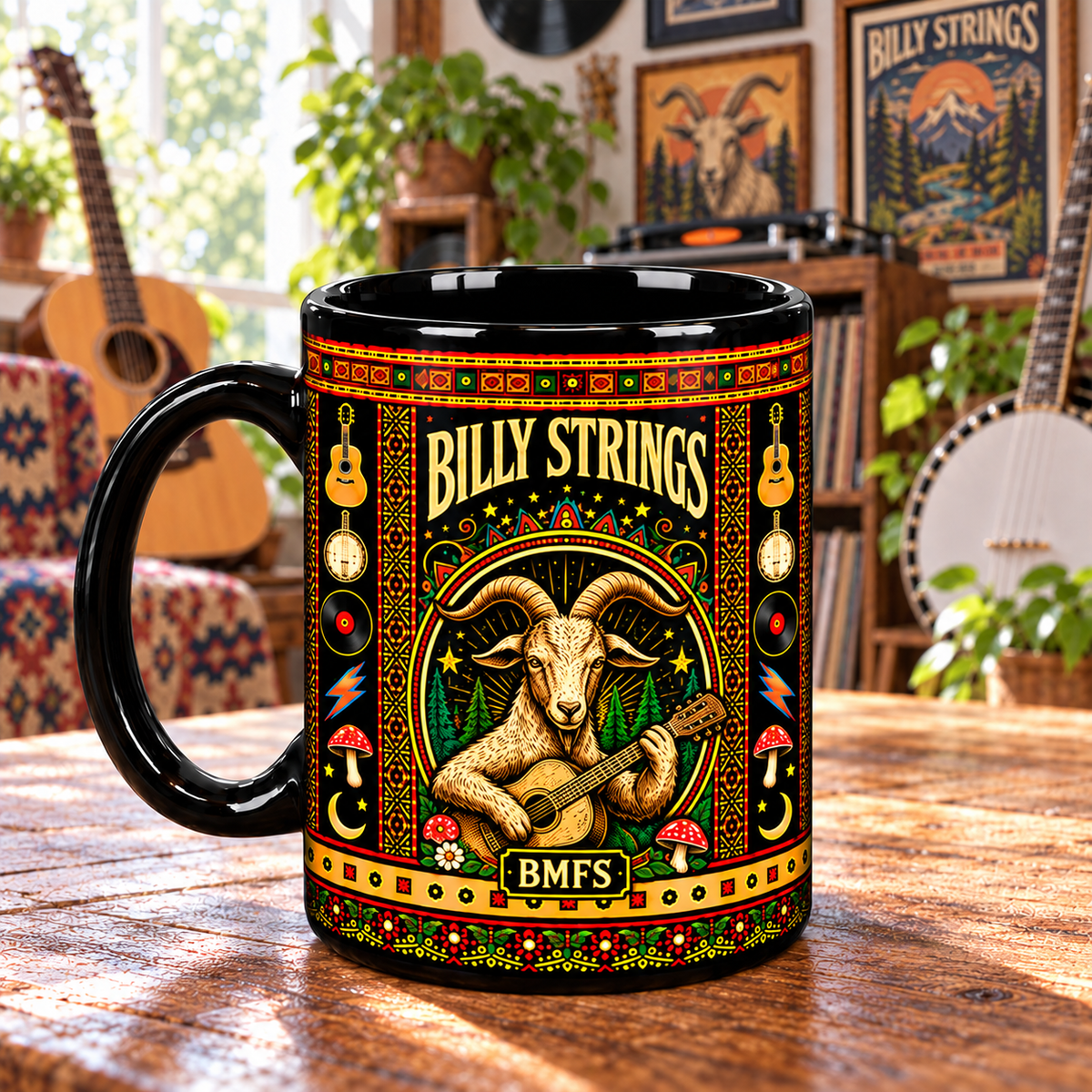 Billy Strings Bluegrass Mexican Folk Art Ceramic Coffee Mug - BMFS Goat & Bear Art Cup for Music Lovers Home Kitchen Decor