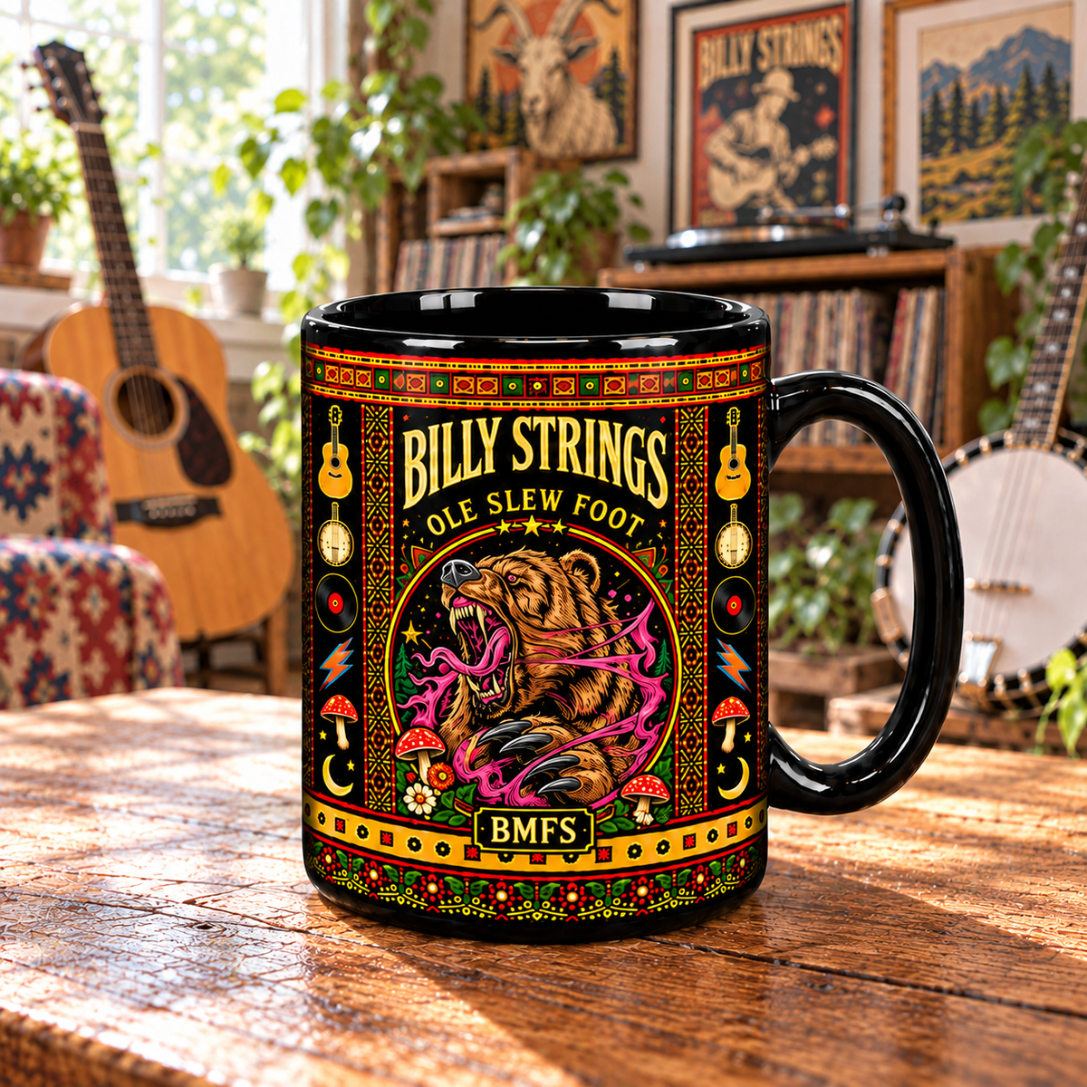Billy Strings Bluegrass Mexican Folk Art Ceramic Coffee Mug - BMFS Goat & Bear Art Cup for Music Lovers Home Kitchen Decor