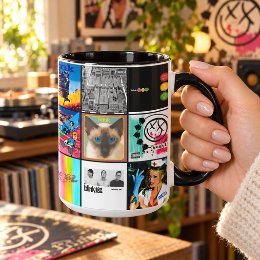 Blink 182 Black Two-Tone Accent Coffee Mug - Classic Rock Band Album Covers Collage Mug