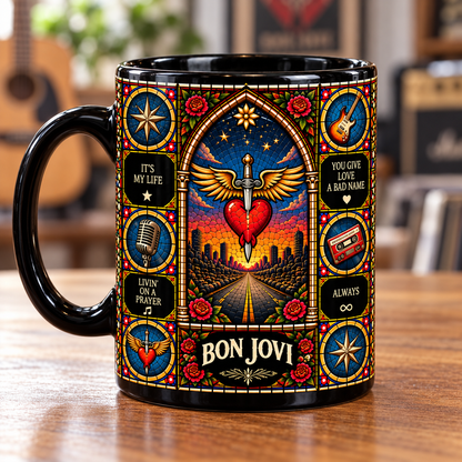 Bon Jovi Stained Glass Ceramic Coffee Mug - Heart Dagger & Cowboy Hat Cup - Glam Hard Rock Band Fan Unique Gift Idea