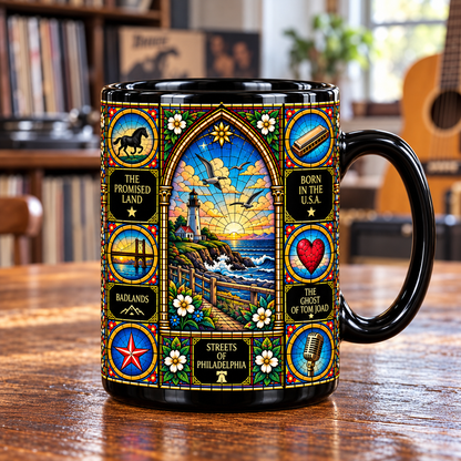 Bruce Springsteen Stained Glass Ceramic Coffee Mug - Born to Run & Guitar Cup - Heartland Rock Band Fan Unique Gift Idea