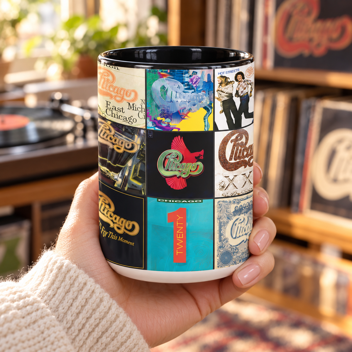 Chicago Black Two-Tone Accent Coffee Mug - Classic Rock Band Album Covers Collage Mug