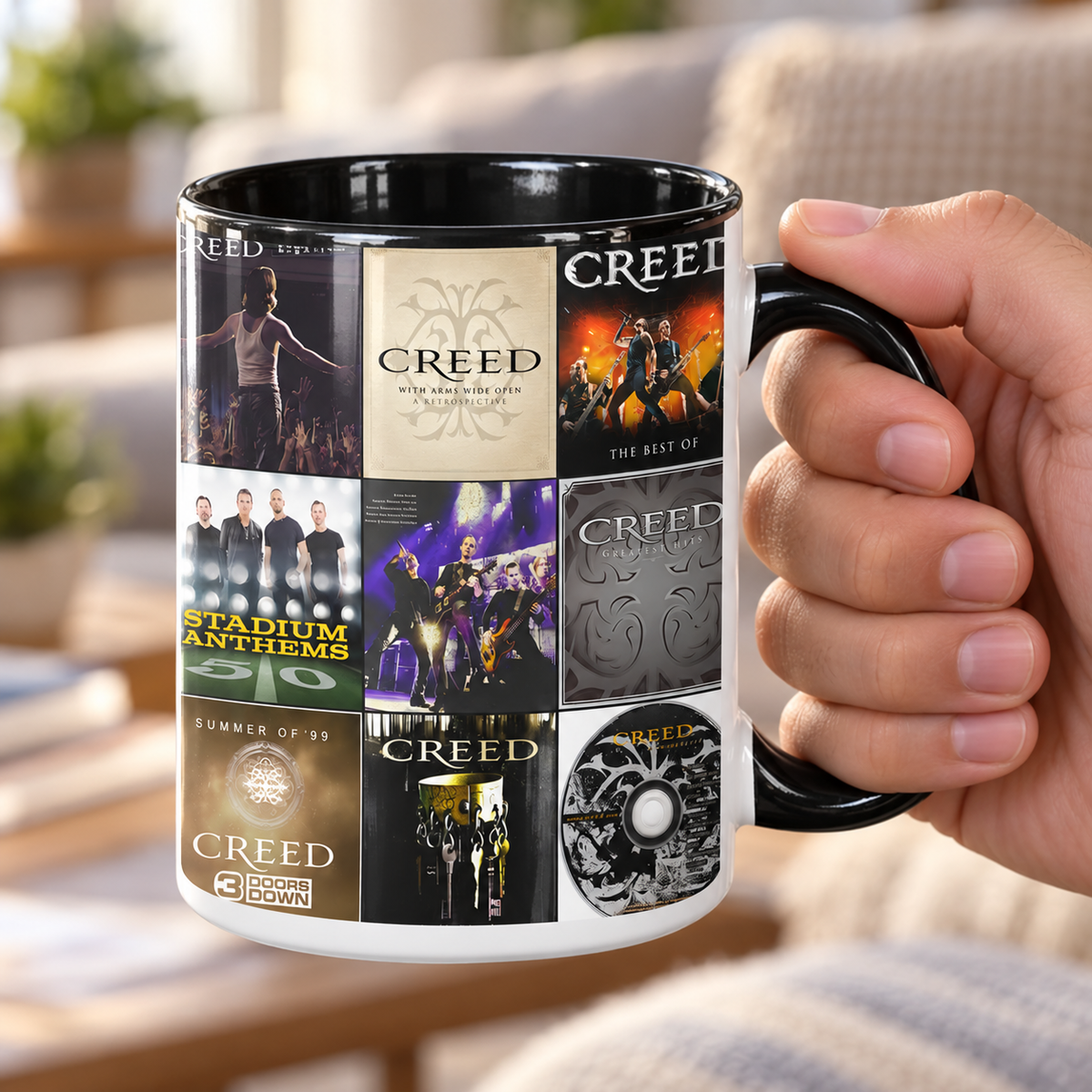 Creed Black Two-Tone Accent Coffee Mug - Classic Band Album Covers Collage Mug