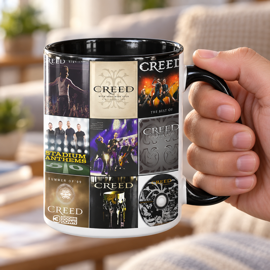 Creed Black Two-Tone Accent Coffee Mug - Classic Band Album Covers Collage Mug