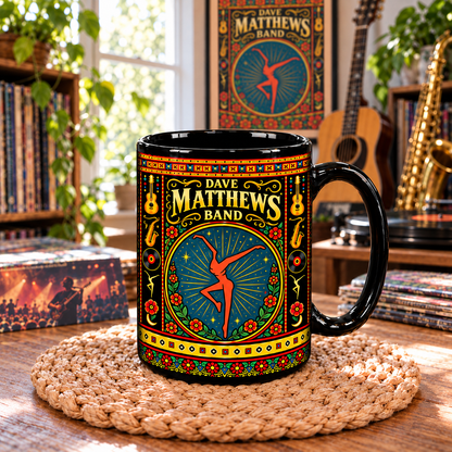 Dave Matthews Band Mexican Folk Art Ceramic Coffee Mug - Fire Dancer & Acoustic Guitar Cup - Jam Rock Fan Unique Gift Idea