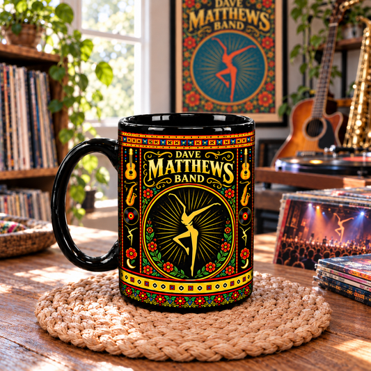 Dave Matthews Band Mexican Folk Art Ceramic Coffee Mug - Fire Dancer & Acoustic Guitar Cup - Jam Rock Fan Unique Gift Idea