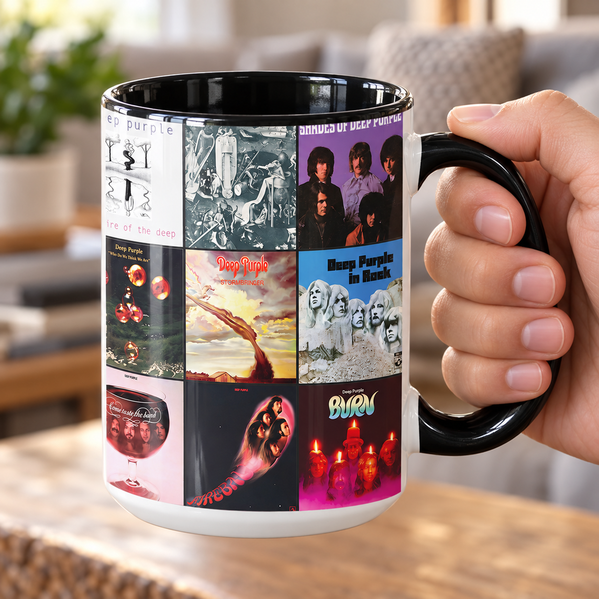 Deep Purple Black Two-Tone Accent Coffee Mug - Classic Band Album Covers Collage Mug