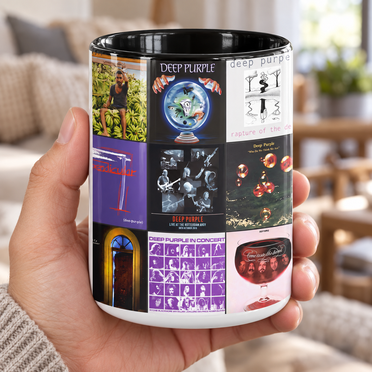 Deep Purple Black Two-Tone Accent Coffee Mug - Classic Band Album Covers Collage Mug