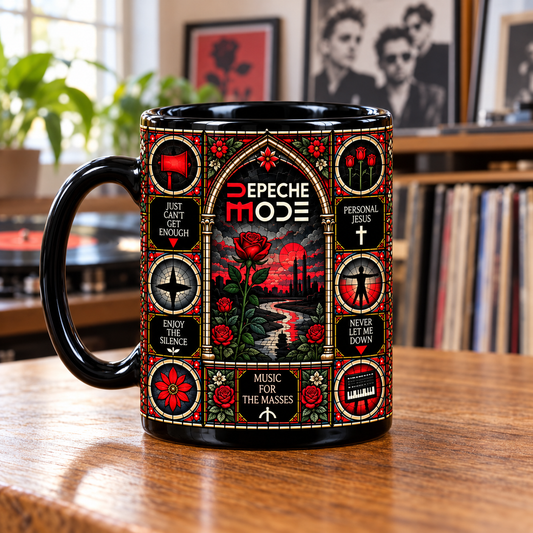 Depeche Mode Stained Glass Ceramic Coffee Mug - Red Rose & Synthesizer Cup - Synth Pop Band Music Fan Unique Gift Idea