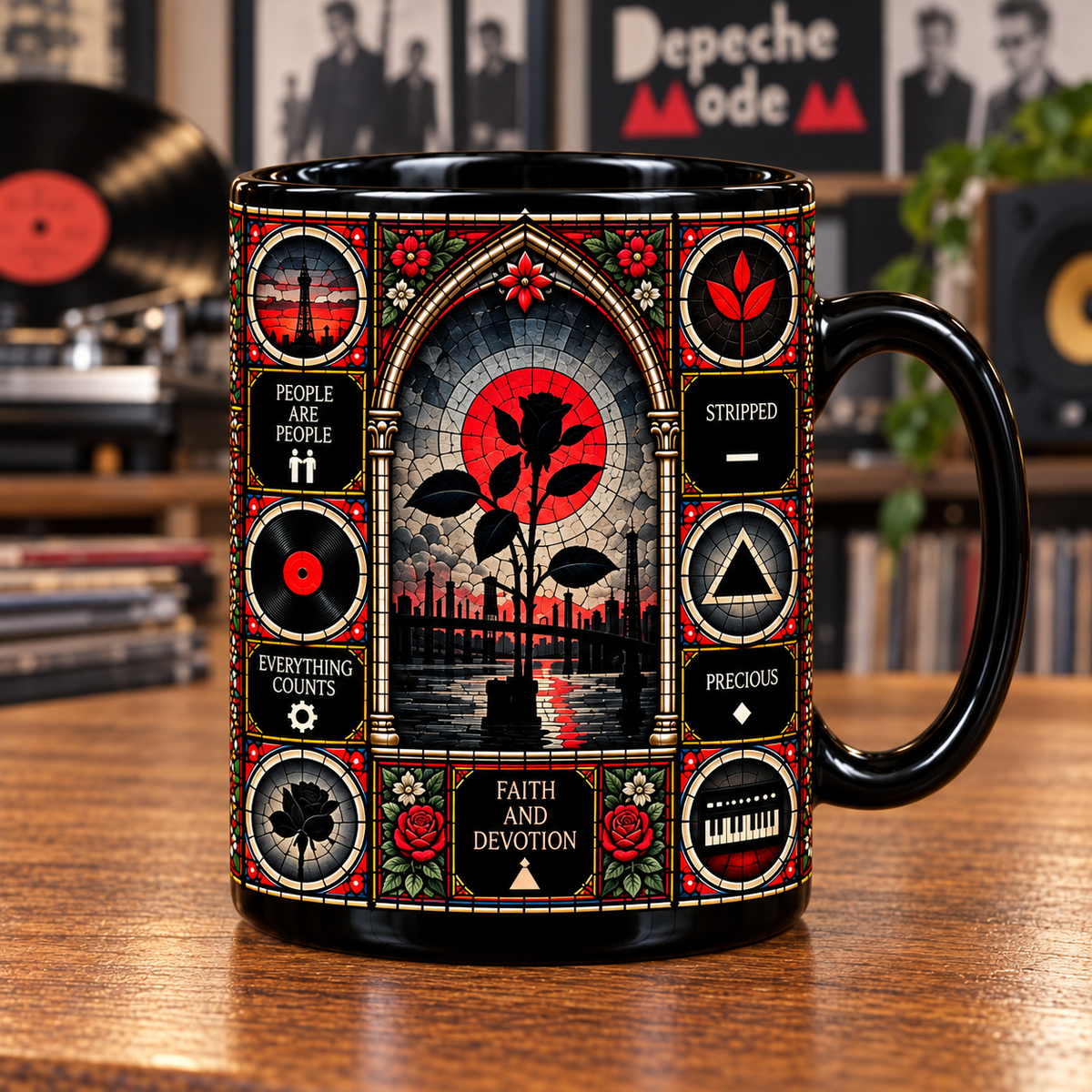 Depeche Mode Stained Glass Ceramic Coffee Mug - Red Rose & Synthesizer Cup - Synth Pop Band Music Fan Unique Gift Idea