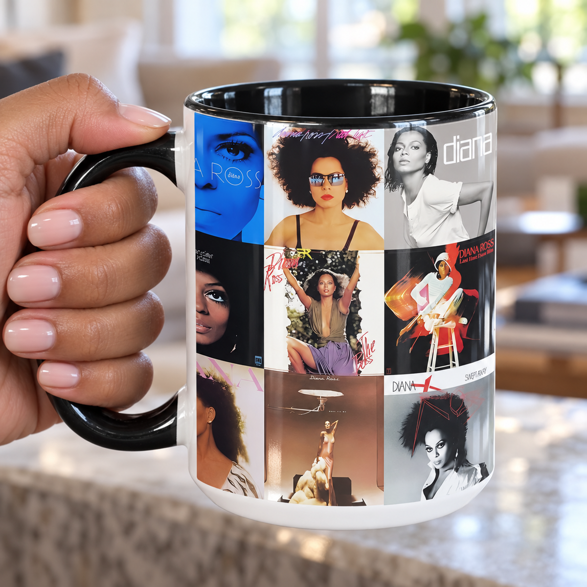 Diana Ross Black Two-Tone Accent Coffee Mug - Classic Band Album Covers Collage Mug