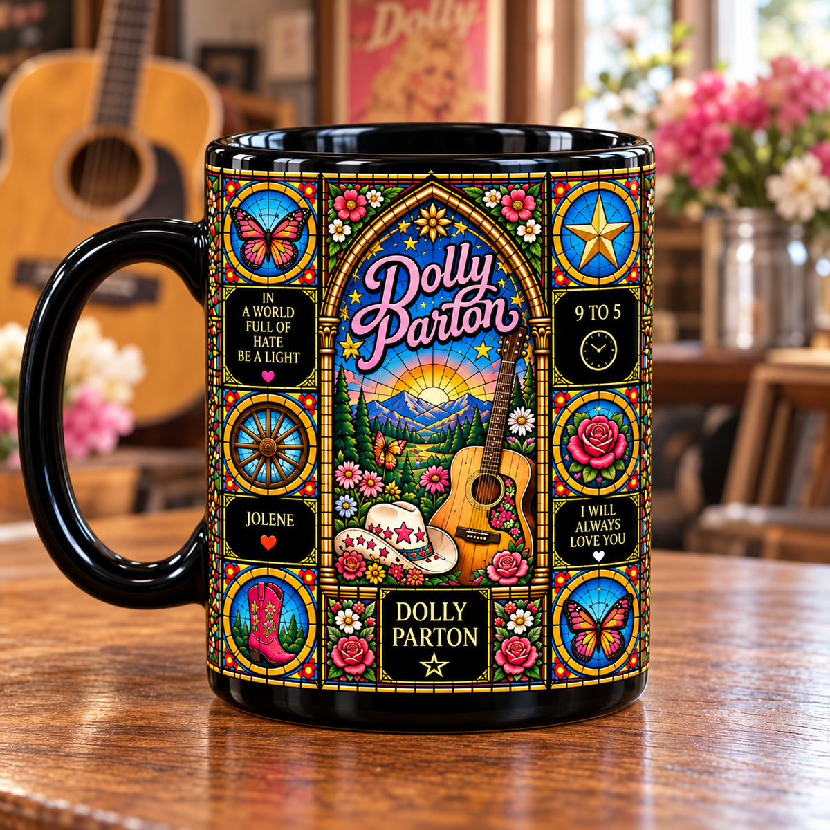 Dolly Parton Stained Glass Ceramic Coffee Mug - Butterfly & Cowboy Hat Cup - Country Music Legend Fan Unique Gift Idea