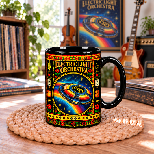 Electric Light Orchestra ELO Mexican Folk Art Ceramic Coffee Mug - Rainbow Spaceship Logo Cup - Rock Music Fan Unique Gift Idea