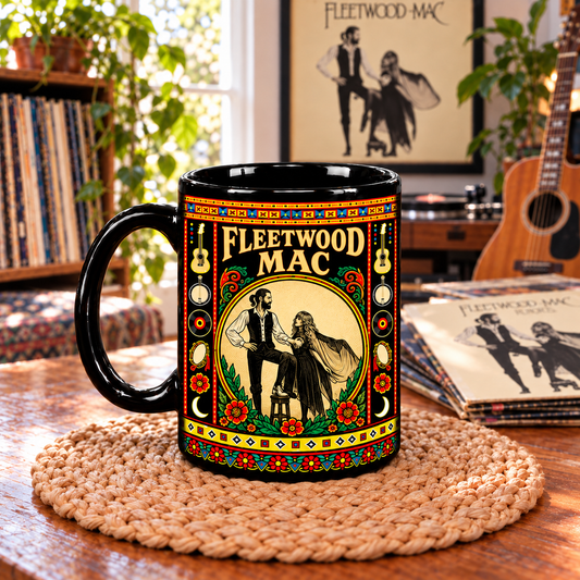 Fleetwood Mac Mexican Folk Art Ceramic Coffee Mug - Penguin Mascot & Guitars Cup - Soft Warm Rock Music Fan Unique Gift Idea