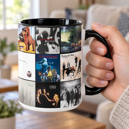 Fleetwood Mac Black Two-Tone Accent Coffee Mug - Classic Band Album Covers Collage Mug