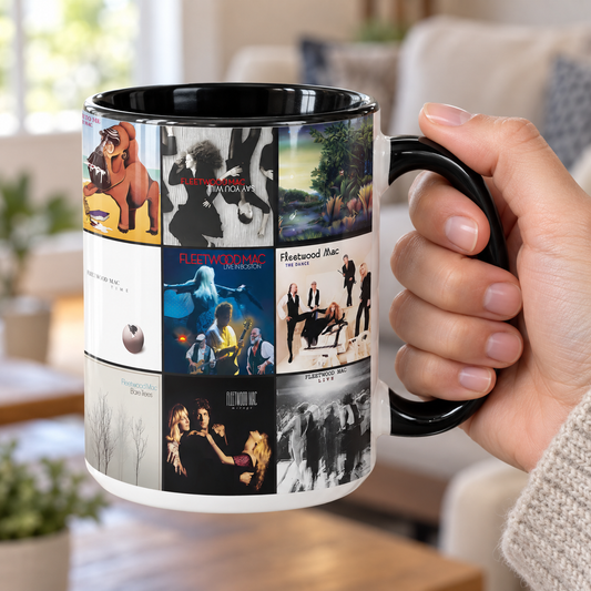 Fleetwood Mac Black Two-Tone Accent Coffee Mug - Classic Band Album Covers Collage Mug