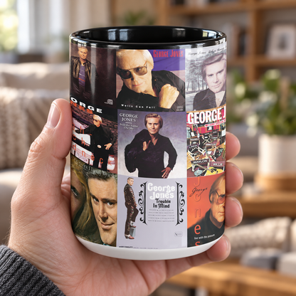 George Jones Black Two-Tone Accent Coffee Mug - Classic Band Album Covers Collage Mug