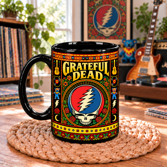 Grateful Dead Mexican Folk Art Ceramic Coffee Mug - Steal Your Face & Bertha Skull Cup - Psychedelic Rock Fan Unique Gift Idea