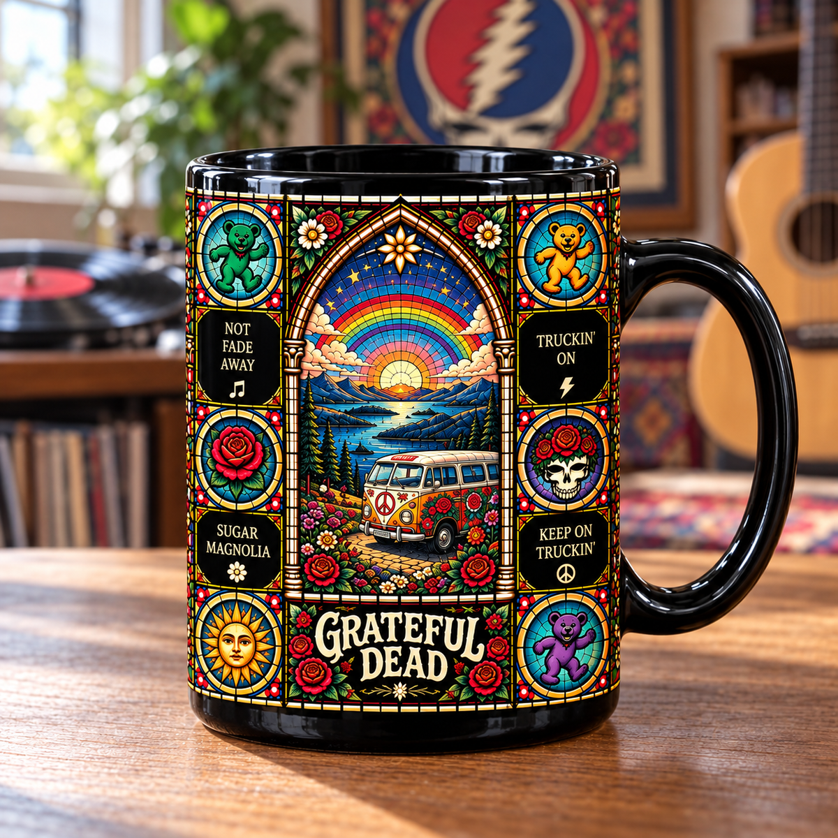 Grateful Dead Stained Glass Ceramic Coffee Mug - Stealie Skull & Dancing Bears Cup - Jam Band Music Fan Unique Gift Idea