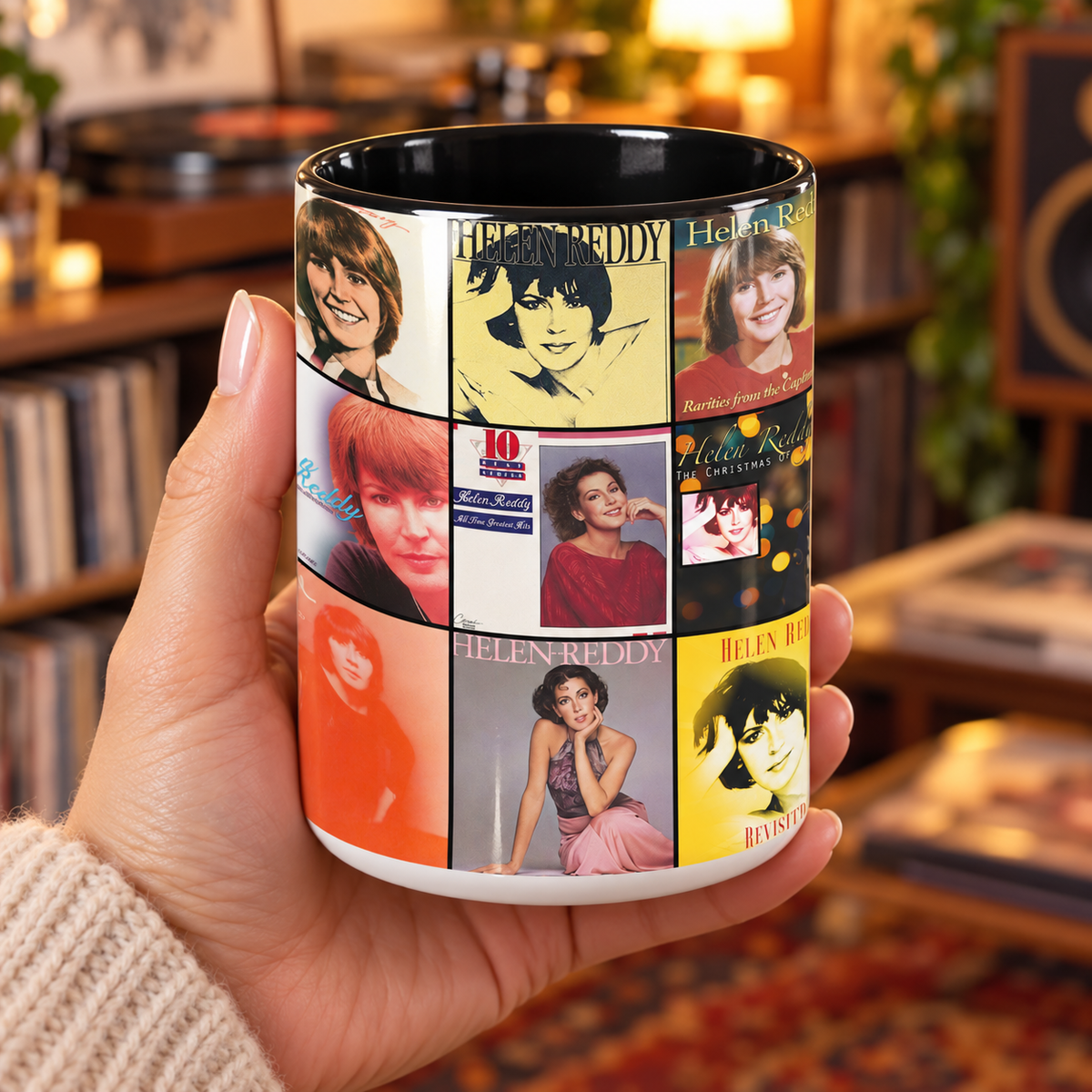 Helen Reddy Black Two-Tone Accent Coffee Mug - Classic Rock Band Album Covers Collage Mug